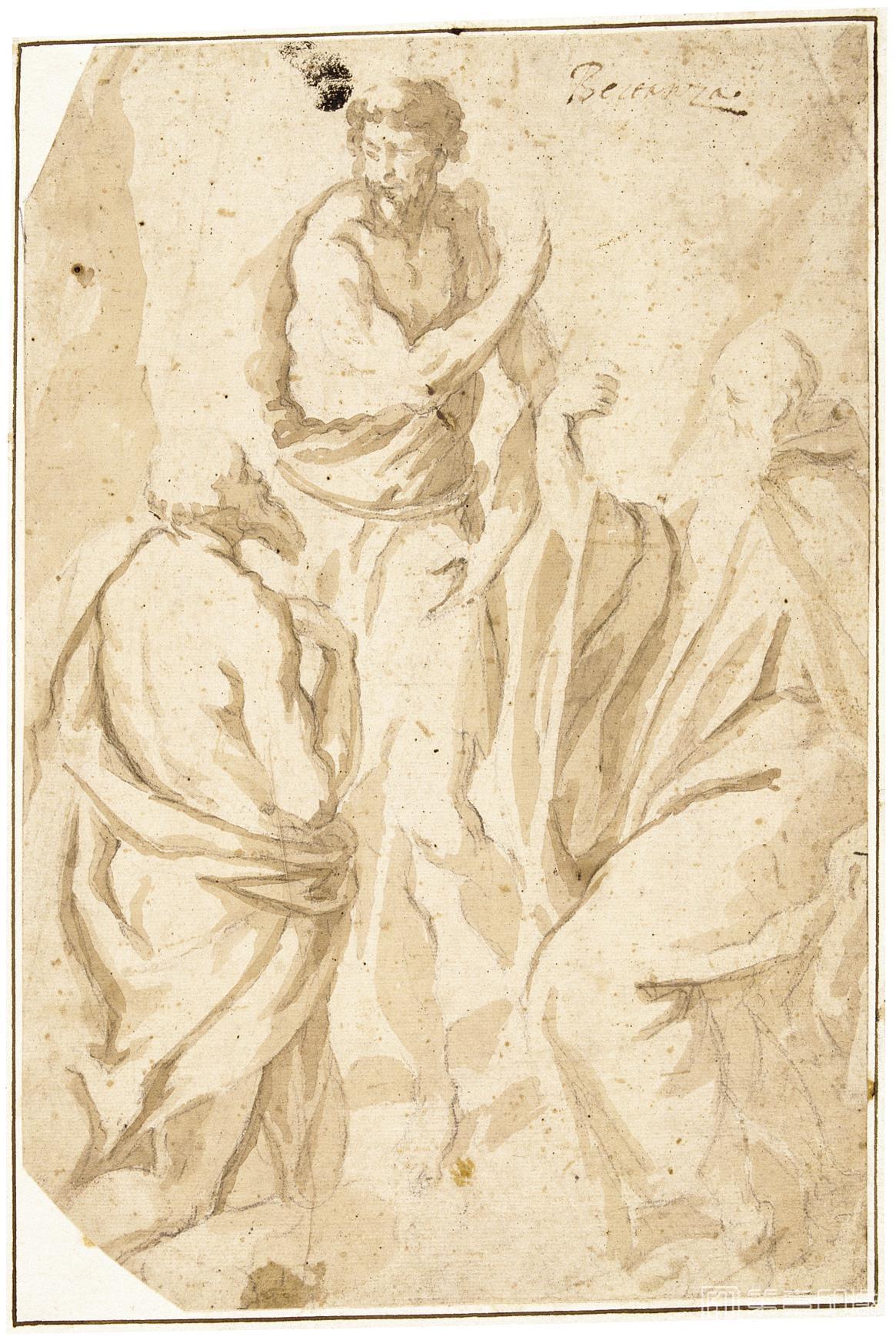 素描-西班牙普拉多美术馆素描藏画-Bertanza, Andrea-San Juan Bautista entre San Jeronimo y San Benito-0634